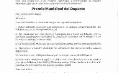 LANZAN CONVOCATORIA PARA PREMIO MUNICIPAL DEL DEPORTE 2024