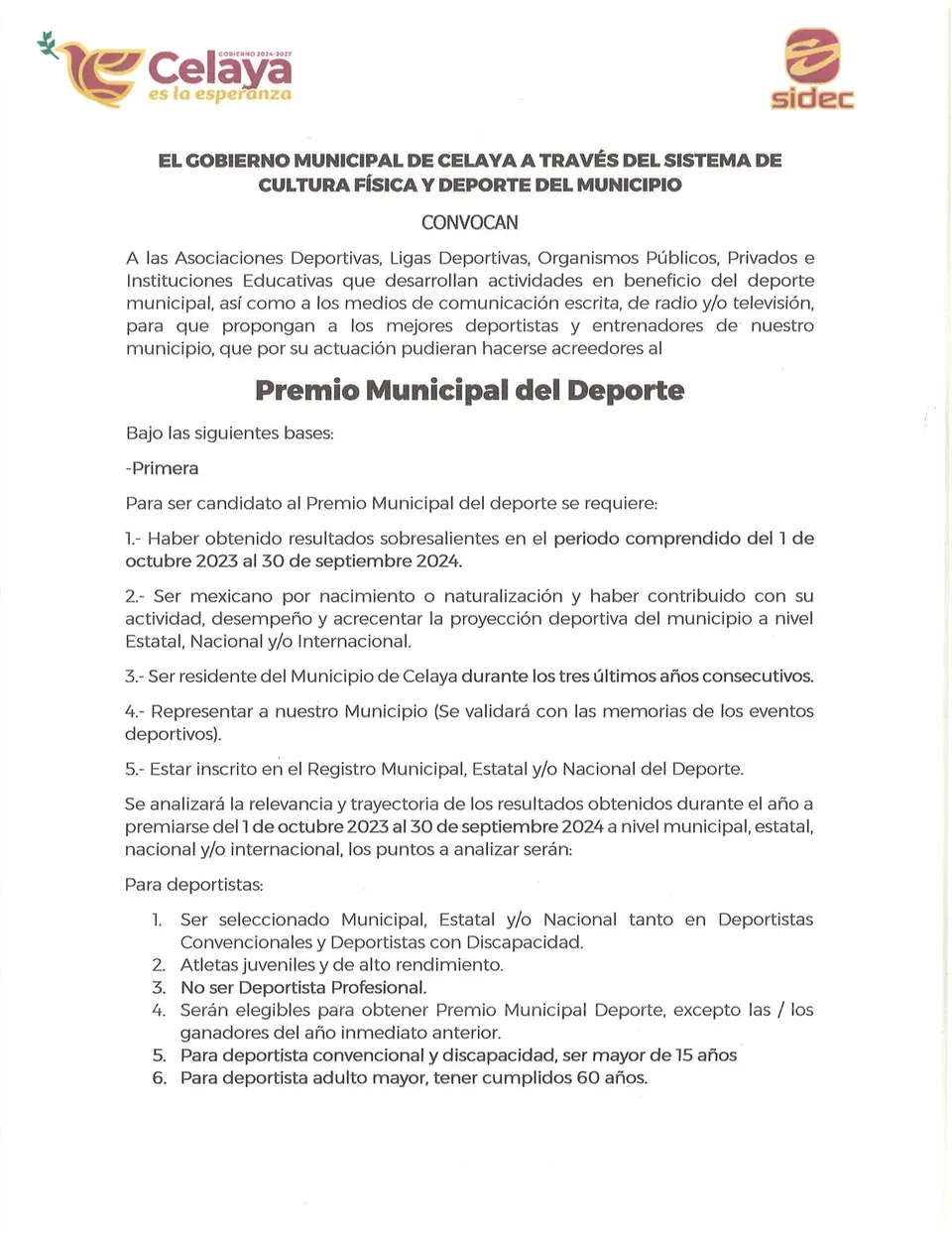 LANZAN CONVOCATORIA PARA PREMIO MUNICIPAL DEL DEPORTE 2024