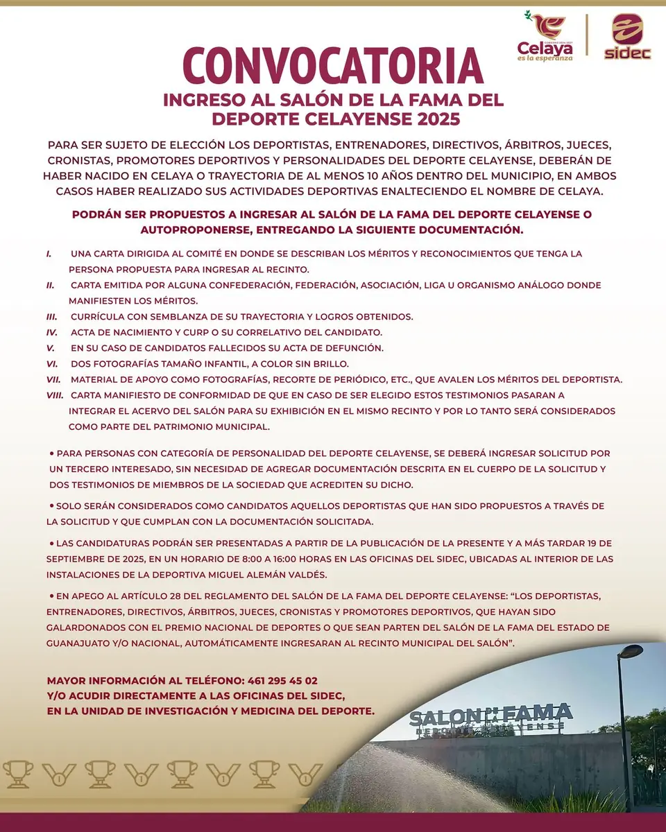 ABIERTA LA CONVOCATORIA PARA EL INGRESO AL SALÓN DE LA FAMA DEL DEPORTE CELAYENSE 2025
